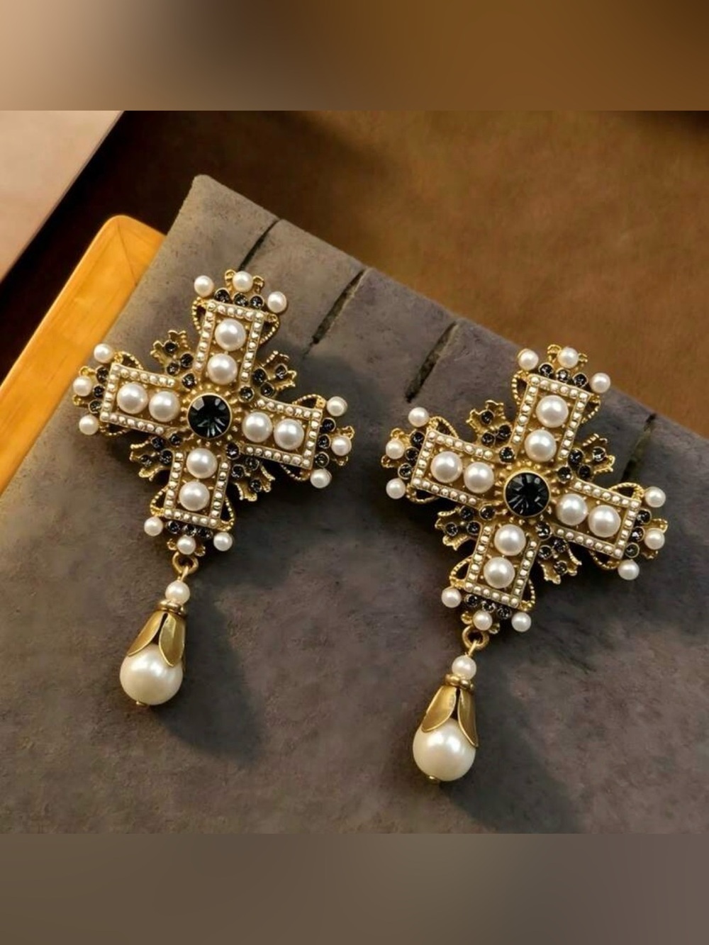 Gold Pearl Cross Drop Earrings - Elegant Statement Jewelry